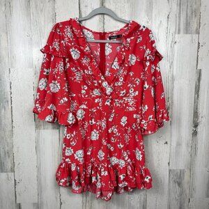 Boohoo Ruffle Floral Flared Sleeve Playsuit romper red white 6 flirty day date